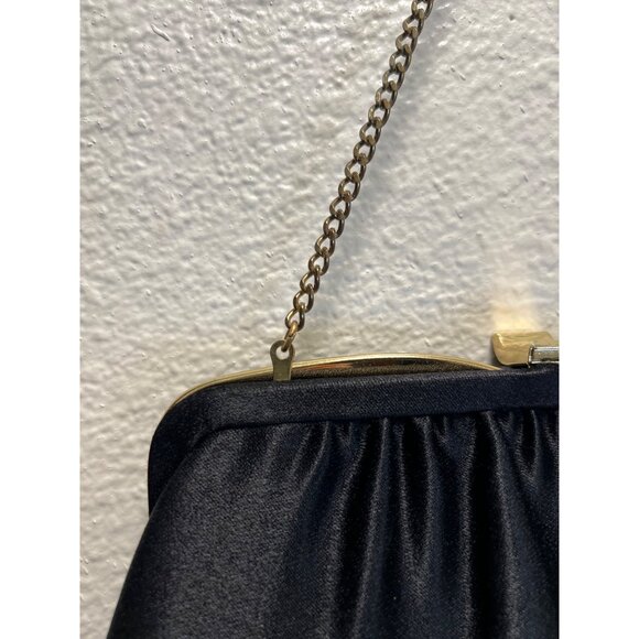 Vintage Black Satin Clutch Purse With Gold Chain Strap & Frame - Picture 3 of 7